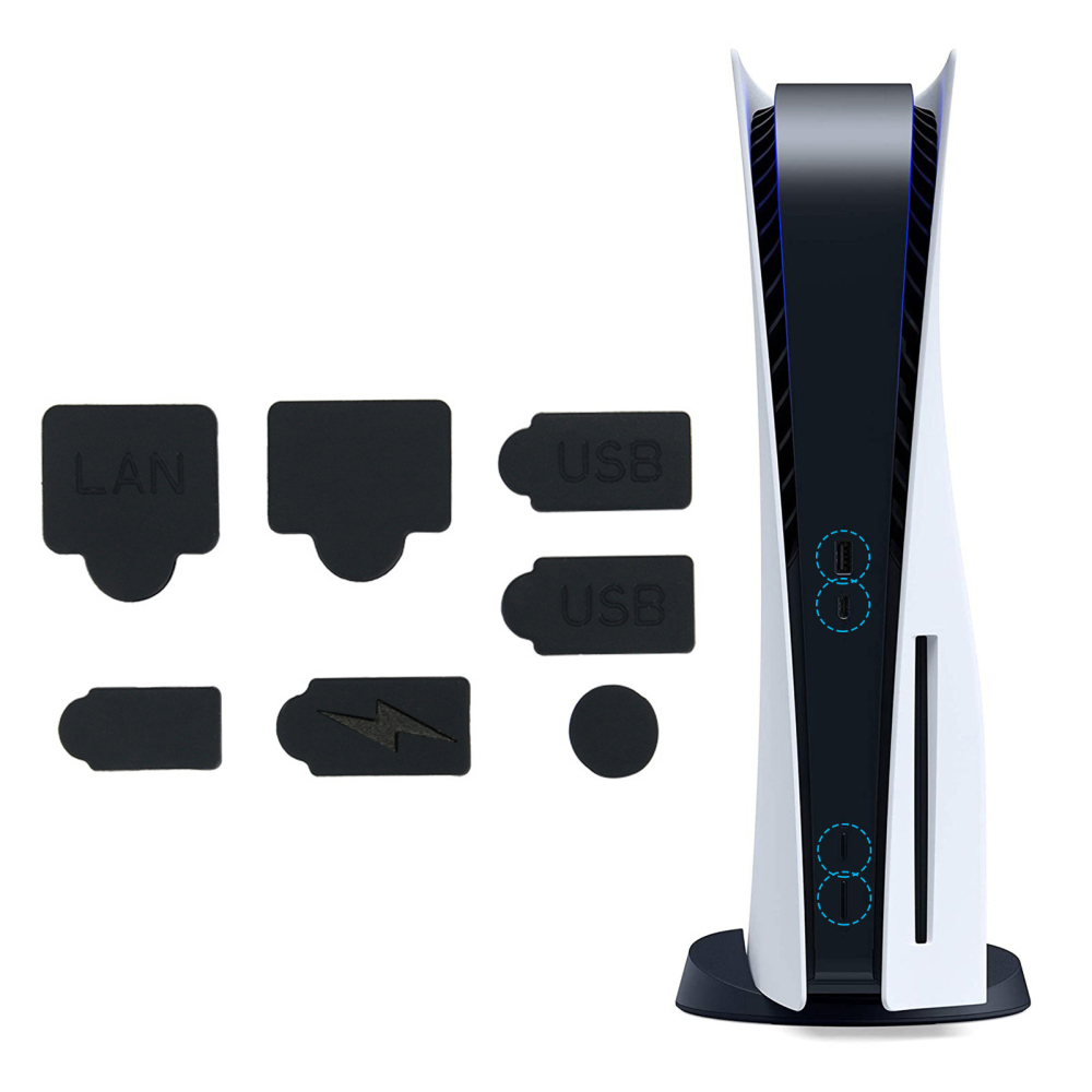 Abaaba 7Pcs Black Silicone Dust Plugs Set USB HDM Interface Anti-dust Cover Dustproof Plug for PS5 Game Console Accessories Parts