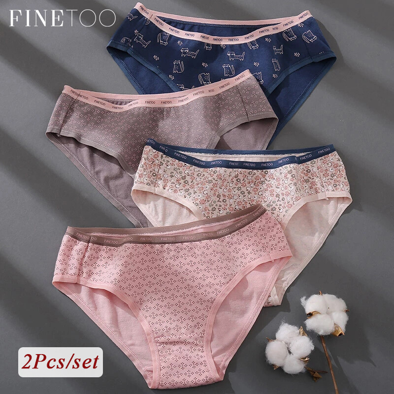 FINETOO 2PCS Cotton Printing Flower Underwear Women Panties Patchwork Design Female Lingerie Underpants Girls Pantys Sexy Briefs Intimates for Woman