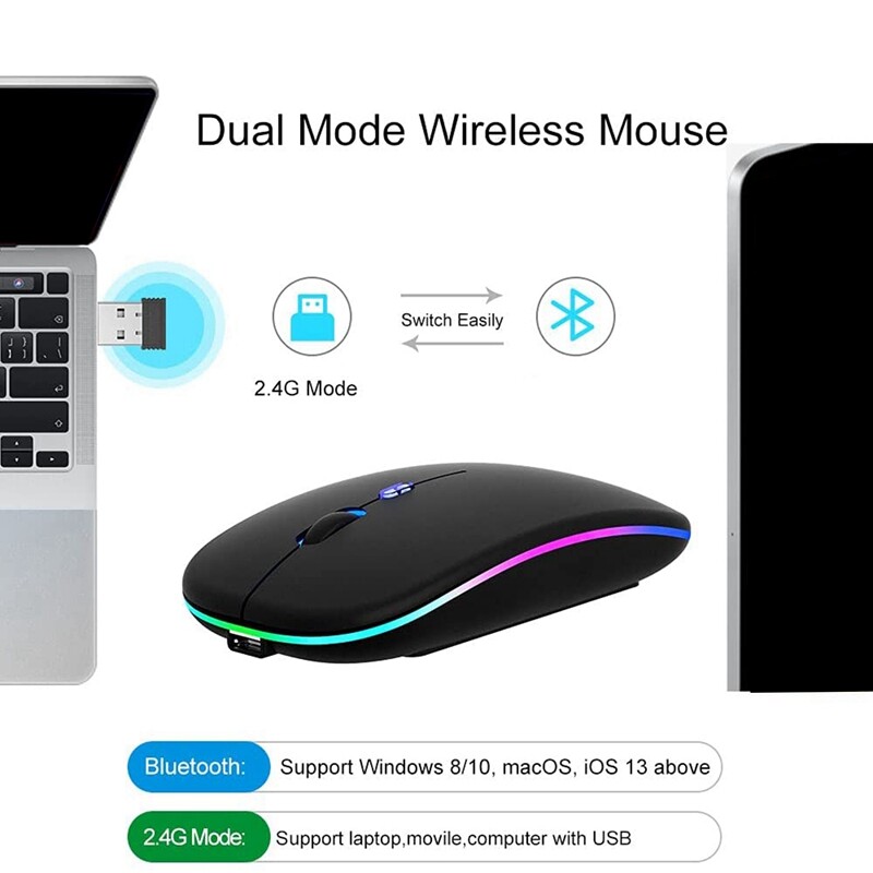 Wireless Mouse Bluetooth 5.1 Rechargeable LED Silent Mouse USB Optical Ergonomic Gaming 2.4G Wireless Backlite