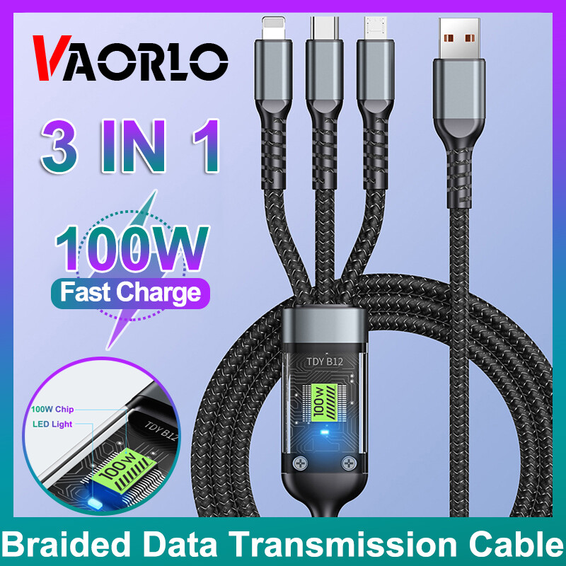 Vaorlo Ban Đầu 3 Trong 1 Nhanh Chóng Cáp sạc 1.2M 100W Loại C đường dây truyền tải Dữ Liệu cổng Micro USB Lightning Tương Thích Với iPhone IOS dây sạc Cho Android Huawei Xiaomi