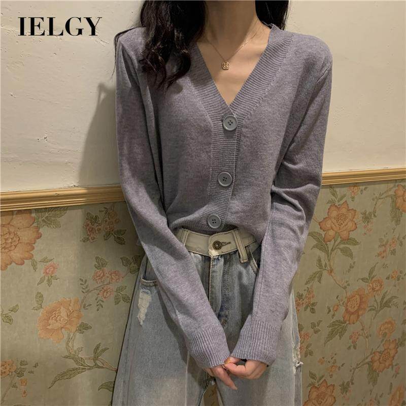 IELGY Women's clothes Jacket Top V-neck Black Thin Short Long-sleeved Simple Knitted sweater