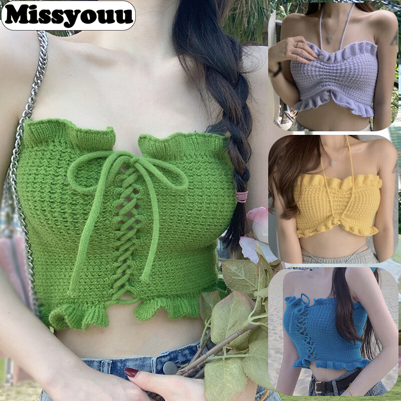 Missyouu Áo Hai Dây Màu Trơn Cho Nữ Áo Hai Dây Dệt Kim Hở Rốn Dáng Ôm Có Dây Rút