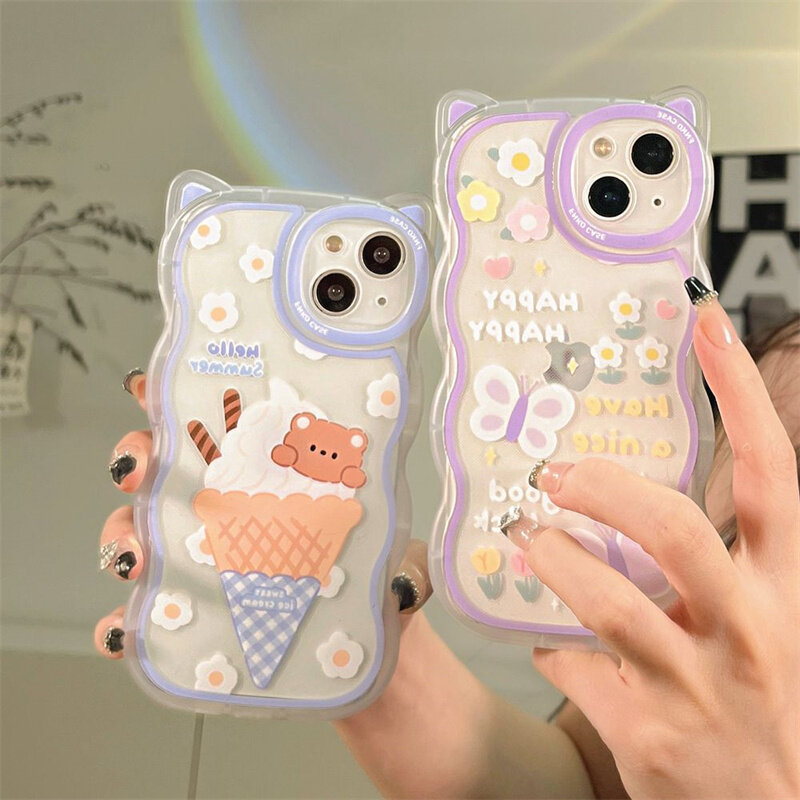 Ốp Cho iPhone 14 13 12 11 Pro Max X XR Xs Max 8 7 6 6S Plus SE 2020 Ốp Điện Thoại Tai Mèo Hình Bánh Và Bướm Ốp Bảo Vệ Mềm Trong Suốt