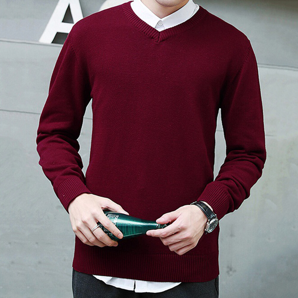 Men Solid Color V Neck Long Sleeve Slim Pullover Plus Size Knitwear Sweater
