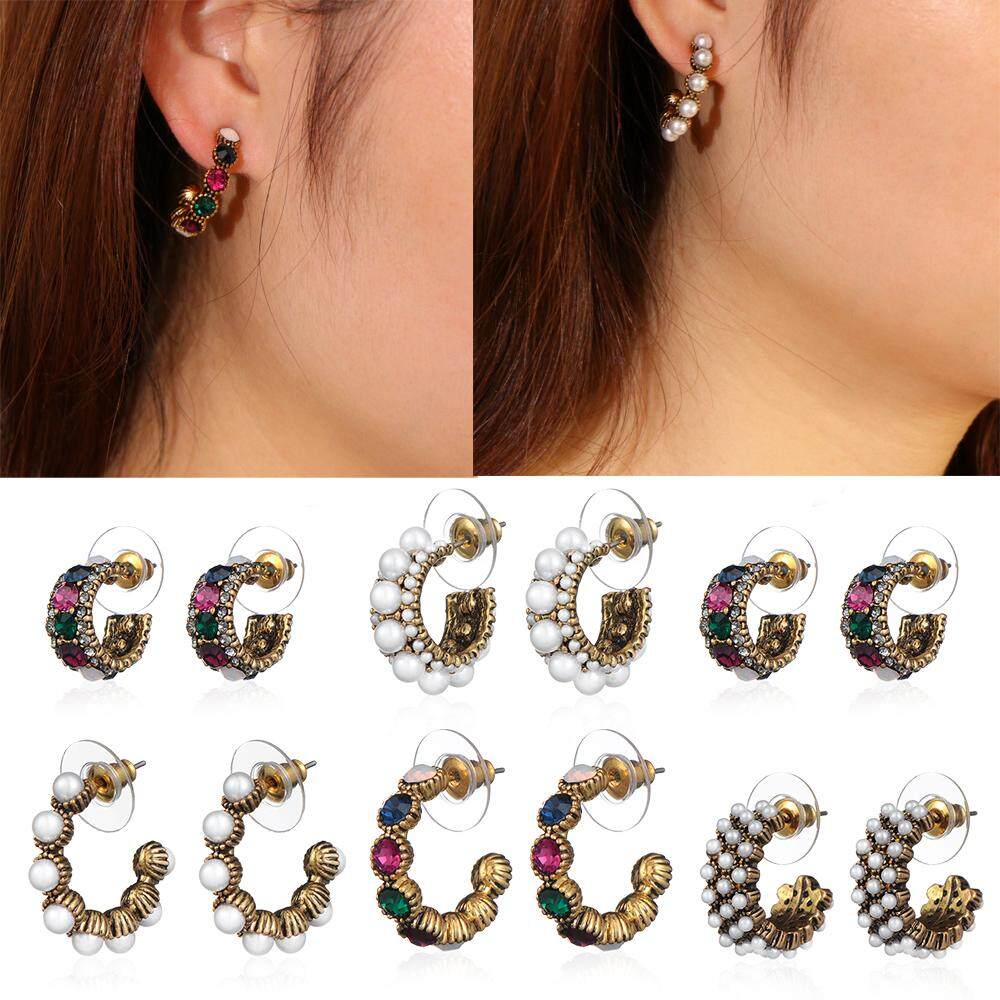 1 Pasang 2019 Baru Penjualan Terlaris Vintage Colorful Rhinestone Lingkaran Kecil Stud Mode untuk Wanita Pearl Lingkaran Anting Hoop