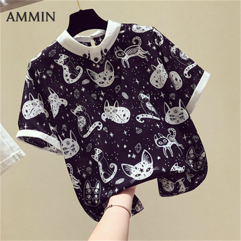 AMMIN Summer new Korean version of the round neck fashion simple loose thin slim wild elegant temperament sweet printed chiffon short-sleeved women's shirt