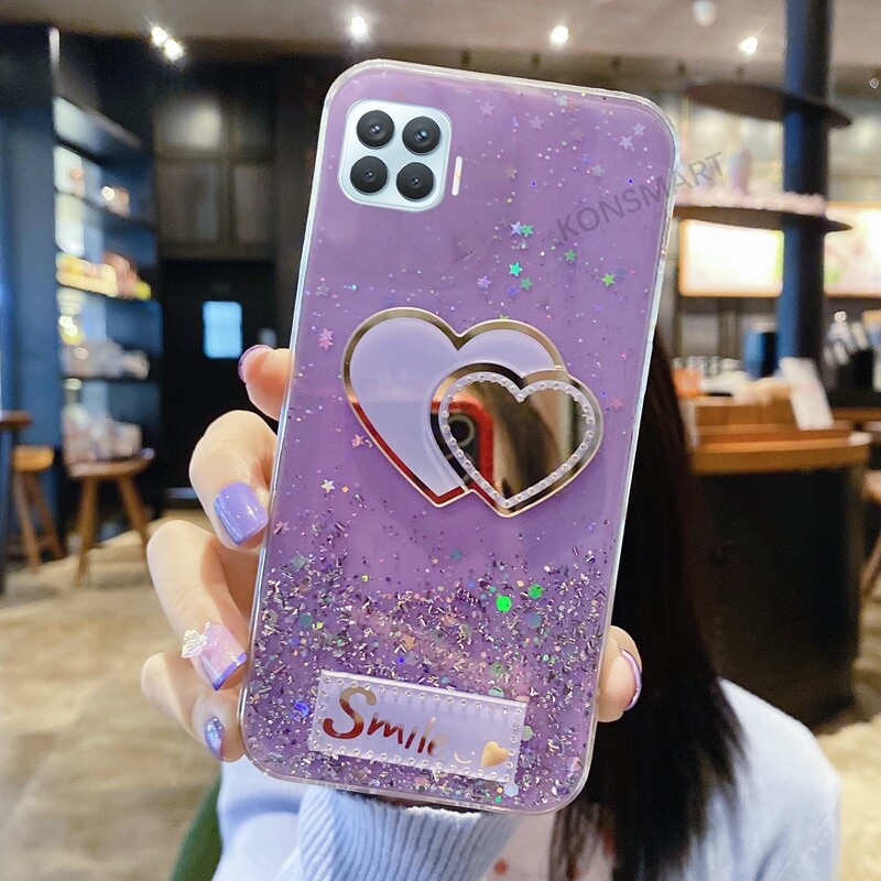 KONSMART New Love Heart Mirror Bling Glitter Star Space Phone Case For OPPO A93 A15 A53 A33 A92 A52 A31 2020 A5 2020 A9 2020 A5s A12 A12e A57 A83 A91 A73 2020 Find X2 Pro F11 Pro Soft TPU Back Casing