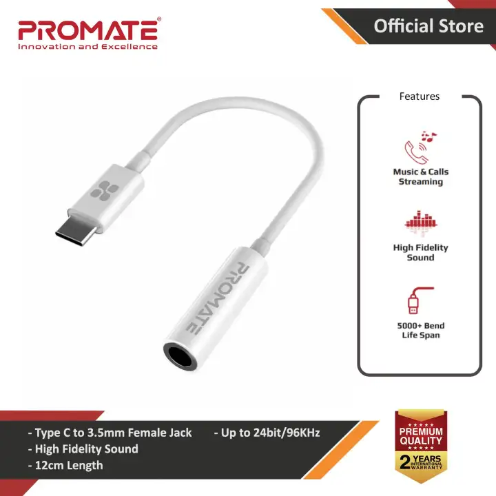 promate usb c to 3 5 mm headphone jack adapter type c to 3 5mm female aux audio cable with hd sound for google pixel 2 3 xl samsung huawei moto