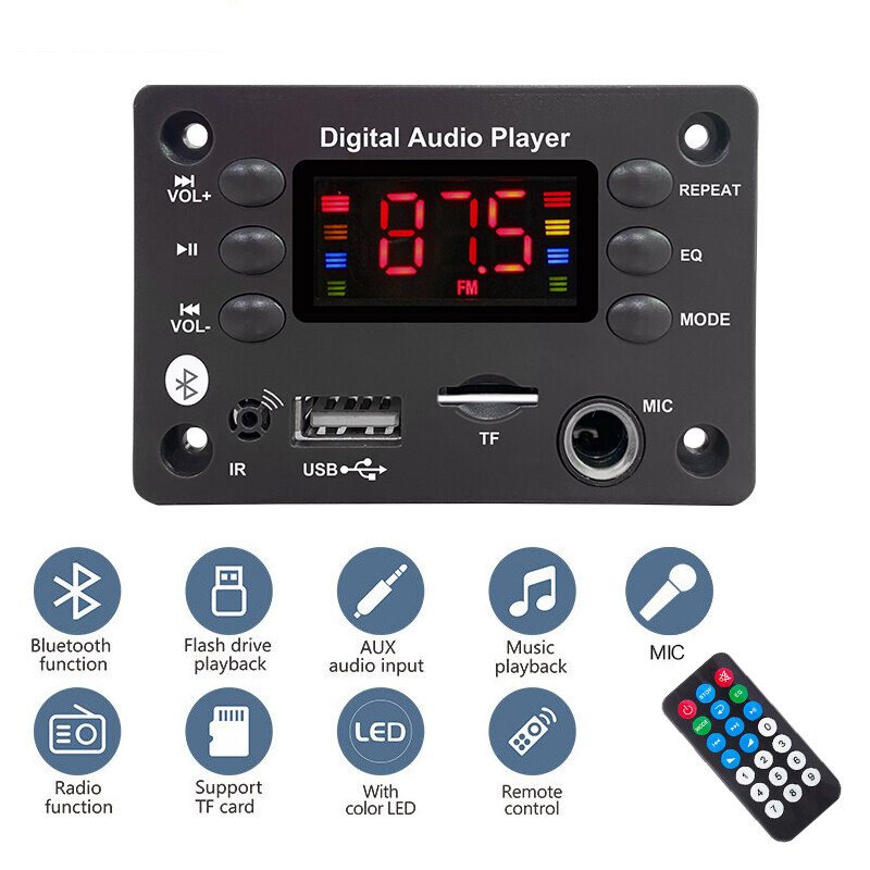 Bluetooth 5.0 mp3 decoder decoding module 5v 12v car usb mp3 player wma wav tf card slot usb fm remote board module