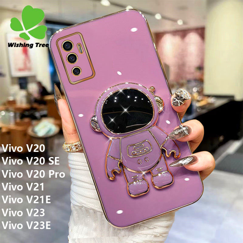 For vivo v27 pro / vivo v27e / vivo v20 / vivo v20 se / vivo v20 pro / vivo v21 / vivo v23 astronaut bracket luxury plating gold soft phone cases cover