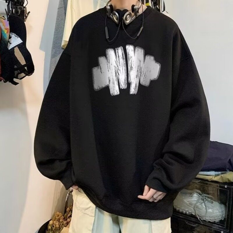 MOLAN Unisex loose casual graffiti print round neck sweater simple plus size couple sweater