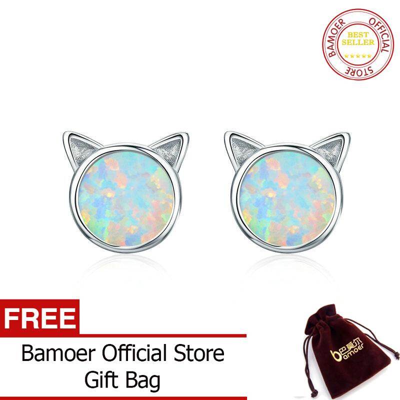 BAMOER New Arrival 925 Sterling Silver Cute Cat Ears Big Stone Small Stud Earrings for Women Fashion Earrings Jewelry SCE538