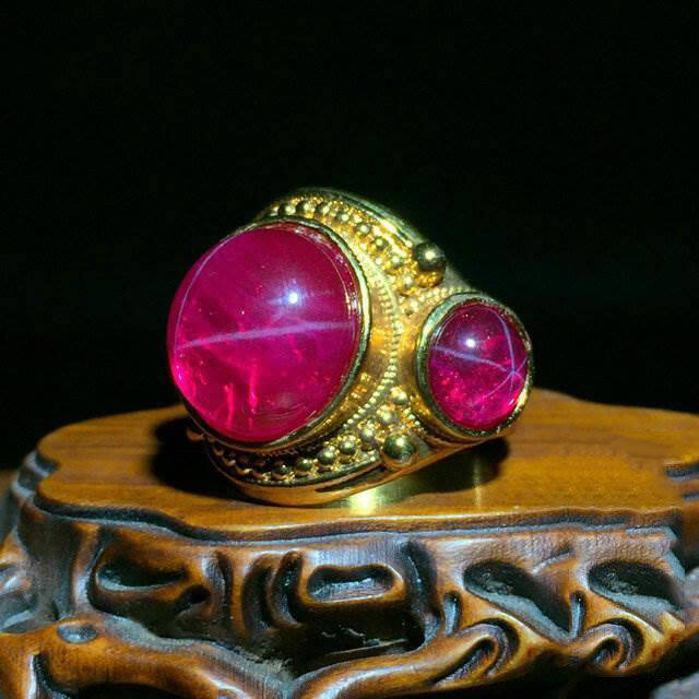 Đồ cổ nhà Thanh Starlight Ruby đôi phước lành nhẫn tròn với nhẫn mở dát vàng