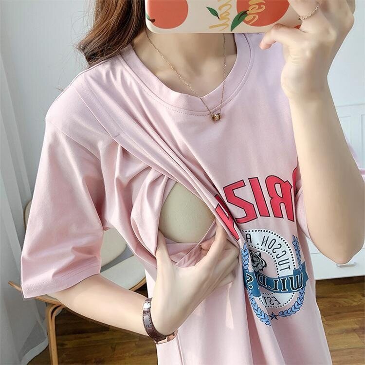 Maternity Dress Summer Nursing Long Dress Maternity Dress Nursing Clothes Loose T-Shirt Dress T-Shirt