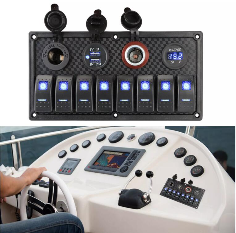 Bảng Công Tắc Tàu Biển 12V/24V 8 Gang Bật Tắt + Cổng USB Kép Ổ Cắm Tàu Biển Cho Xe Hơi Chống Nước Với Vôn Kế Led Sạc USB Cho Xe Hơi Thuyền RV Xe Tải ATV UTV Camper Caravan Bảng Công Tắc Chuyển Đổi 3.1A 4.2A