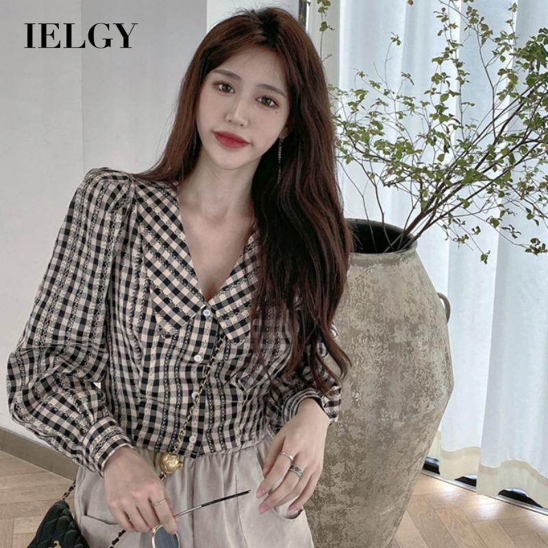 IELGY Women's clothes retro black shirt short long sleeve , fashion plaid top all-match