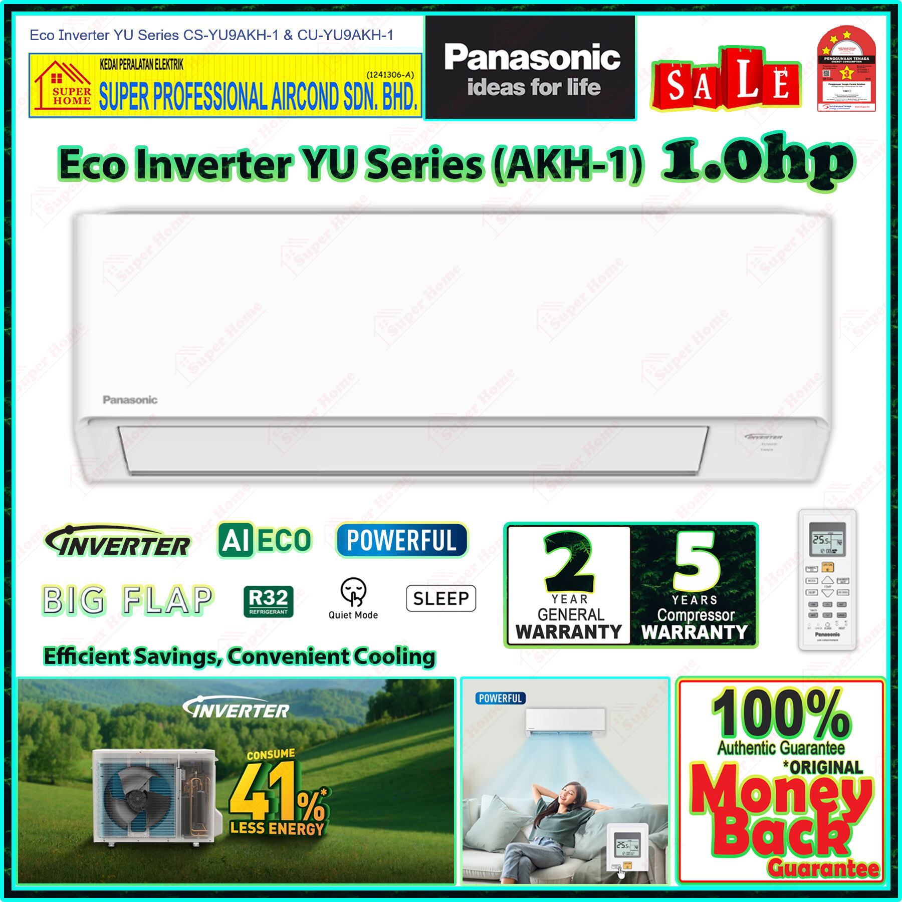 Panasonic 1.0hp Eco Inverter Air Conditioner CS-YU9AKH-1 & CU-YU9AKH-1 ...