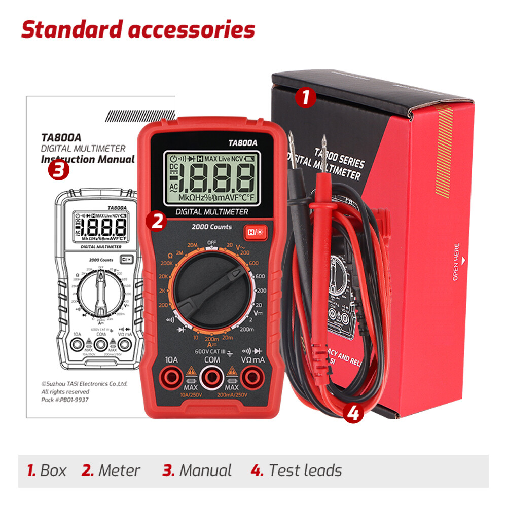 TA800A 600V Digital Multimeter with DC AC Voltmeter and Ohm Volt Amp Tester Measures Voltage Current Resistance Tests Live