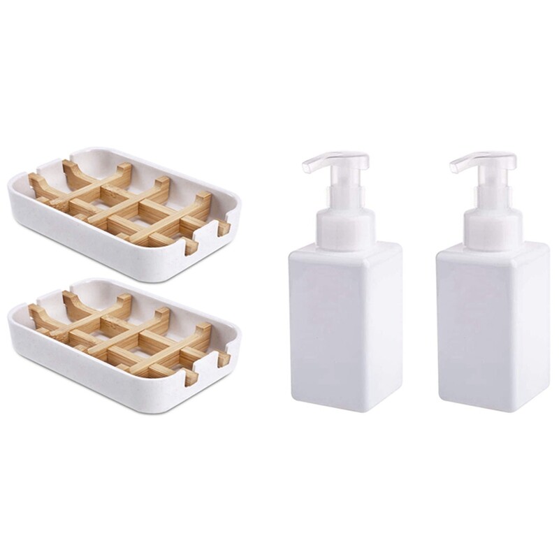 2 Pack Bamboo Soap Dishes for Bathroom Bar Soap Holder with 2 Pack 450 ML Soap Dispenser
