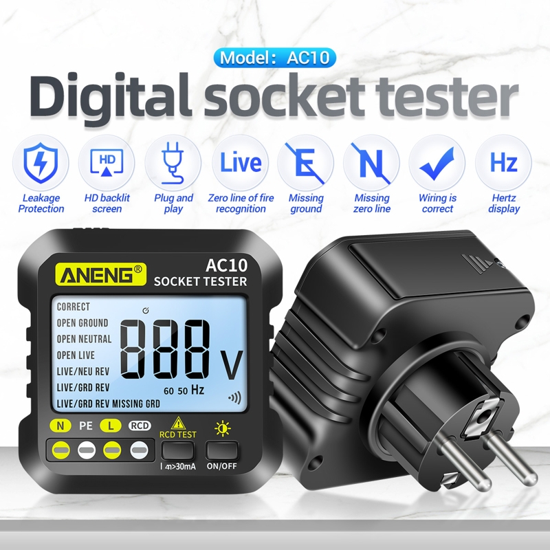ANENG AC10 Socket Tester Plug Detector Zero Line Plug Polarity Phase Check Phase Detector US/EU Plug Multimeter Digital Tester