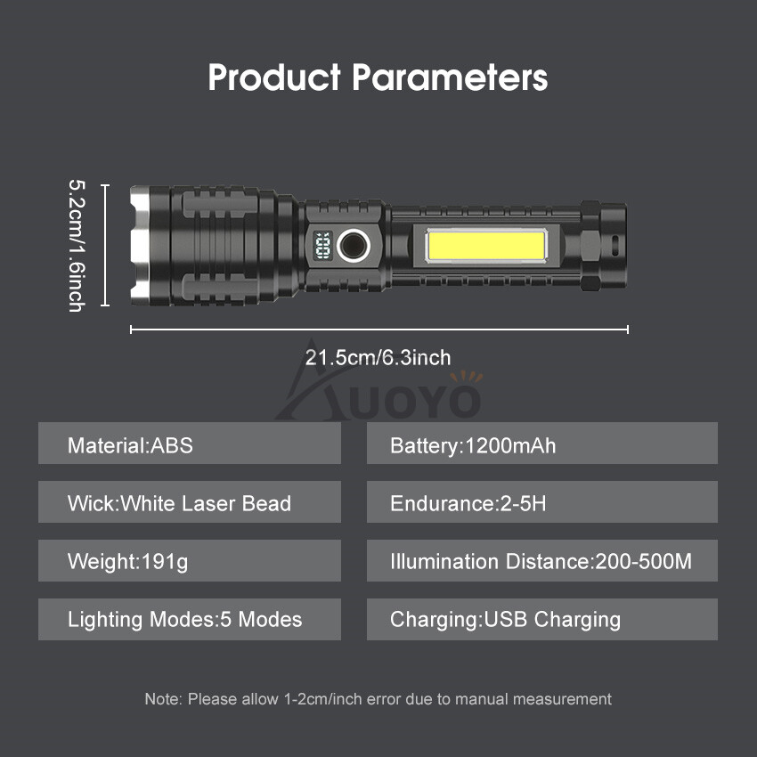 Auoyo White Laser Flashlight Outdoor Flashlight Telescopic Zoom Strong Light Multi-function Flashlight LED Power Display Charging Outdoor Flashlight Camping Outdoor Lamp Outdoor Waterproof Torchlight