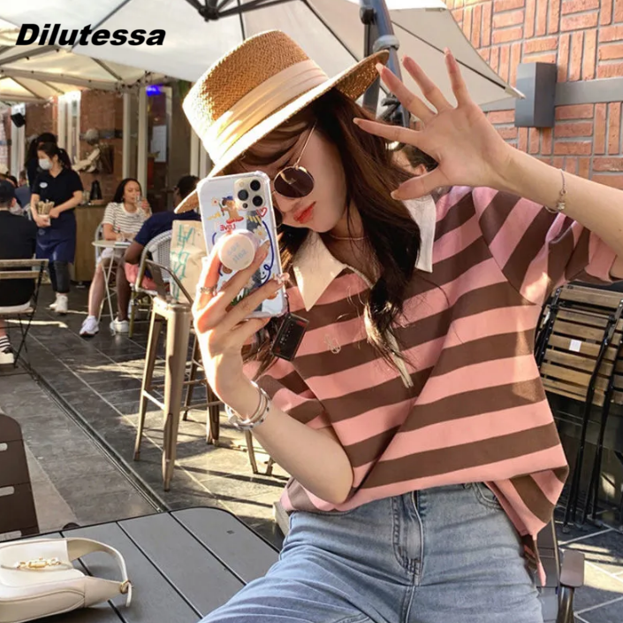 Dilutessa Women's Polo Top Korean Style Striped Blouse Top Half-Zip Lapel Puff Sleeve Short Sleeve Polo T-Shirt