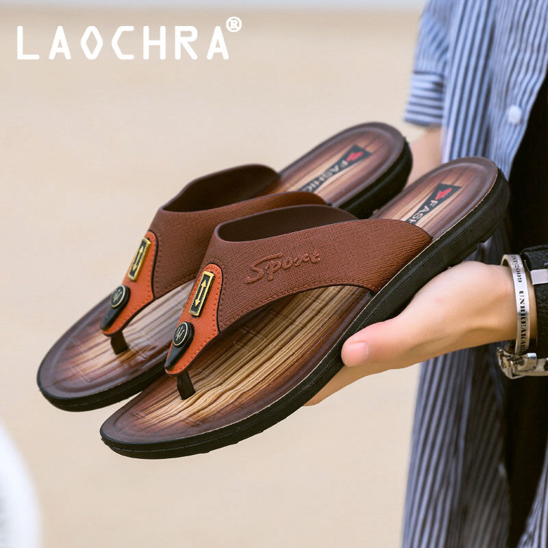 LAOCHRA Summer Men Shoes Casual Slippers For Men Leather Beach Flip Flops Fashion Non Slip Sandals Men Soft Sole Slippers