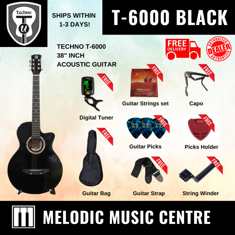 【Local Ready Stock】Techno T-6000 38” Acoustic Guitar Cutaway (Black) Full Package Malaysia