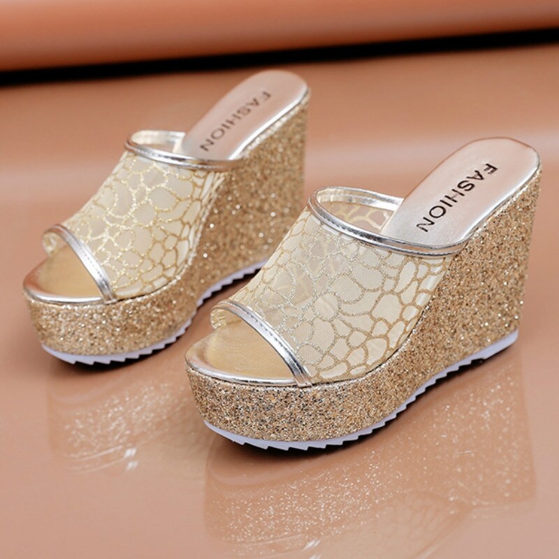 Charm shoe shop} Bling Golden Women House Slippers Summer Shoes Platform  4cm Outside Fitting-room 11cm High Heels Wedges Solid Mesh Female Slides |  Lazada PH