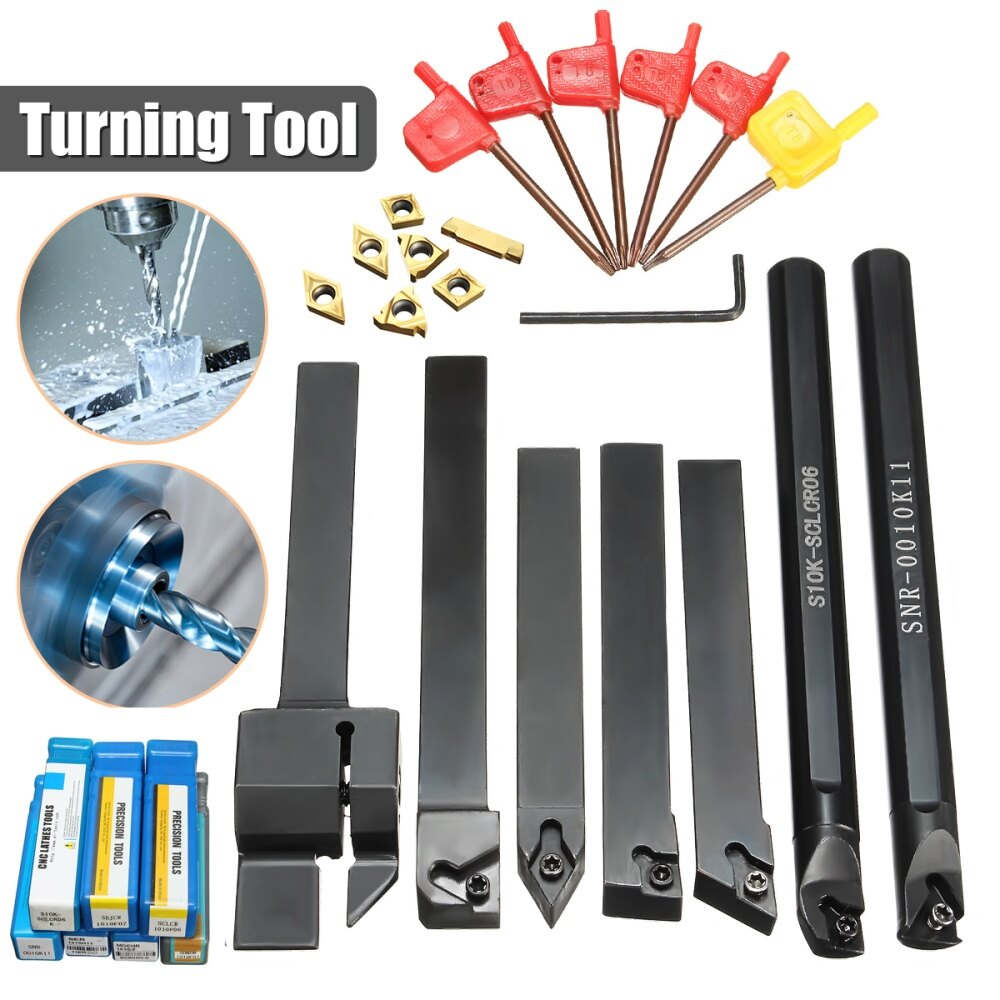 7Pcs Set 10mm Shank Of Lathe Turning Tool Carbide Inserts +T8 Wrenches + Holder Boring Bar