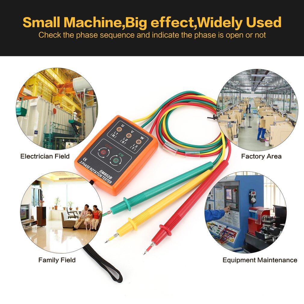 OBBB SM852B 3 Phase Rotation Tester 60V-600V AC Digital Phase Indicator Detector LED Buzzer Phase Sequence Meter Voltage Tester