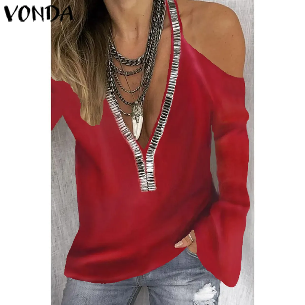 red sequin cold shoulder top