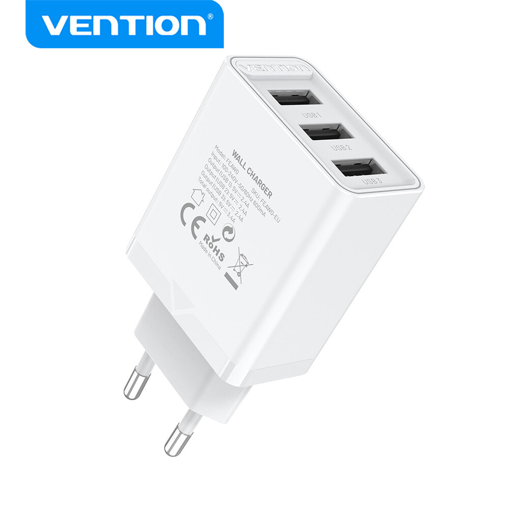 Vention 3 Ports Charger USB Handphone HP Fast Charger for Xiaomi Redmi Samsung iPhone 5V3.4A Travel USB Charger Universal Charger Wall Charger