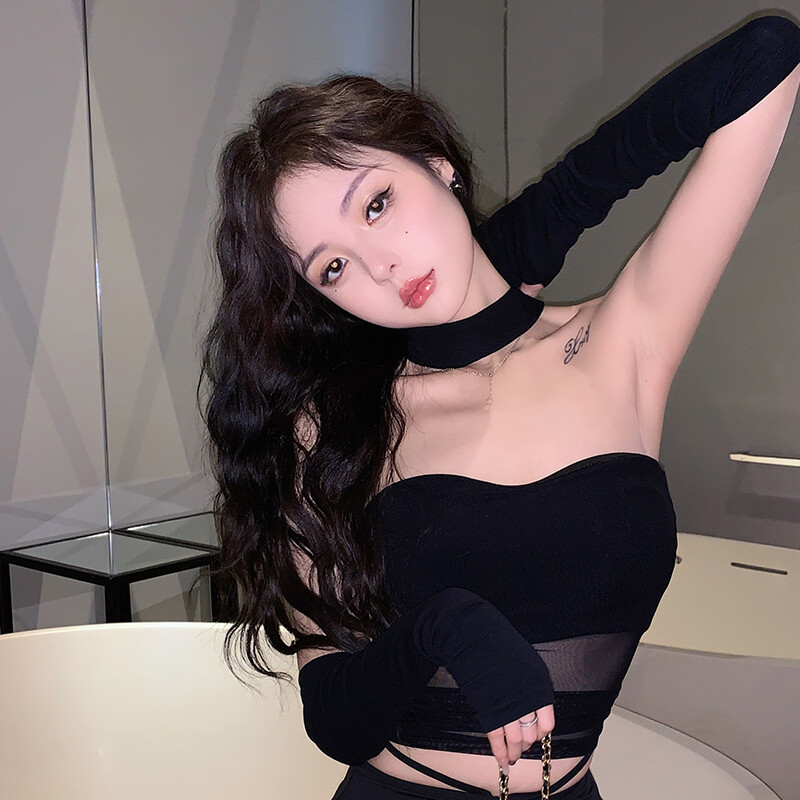 Fashion Women Halter Tank Tops Korean Style Sleeveless Solid Color Mesh Shirt + Long Arm Sleeves Set