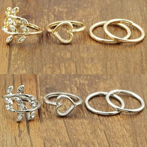 Gravitational wave 4Pcs/Set Rhinestone Leaf Heart Above Knuckle Midi Stack Ring Boho Party Jewelry