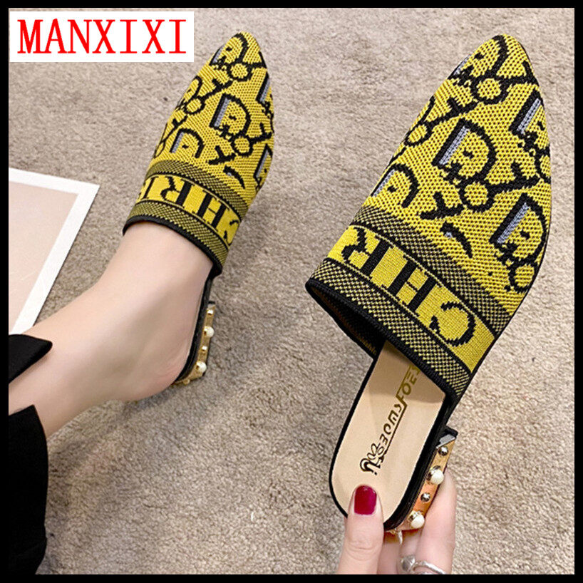 MANXIXI Fashion Loafers Women Mules Sandals Beautiful Knitted Fabric Printing Slippers (Size 35-40)