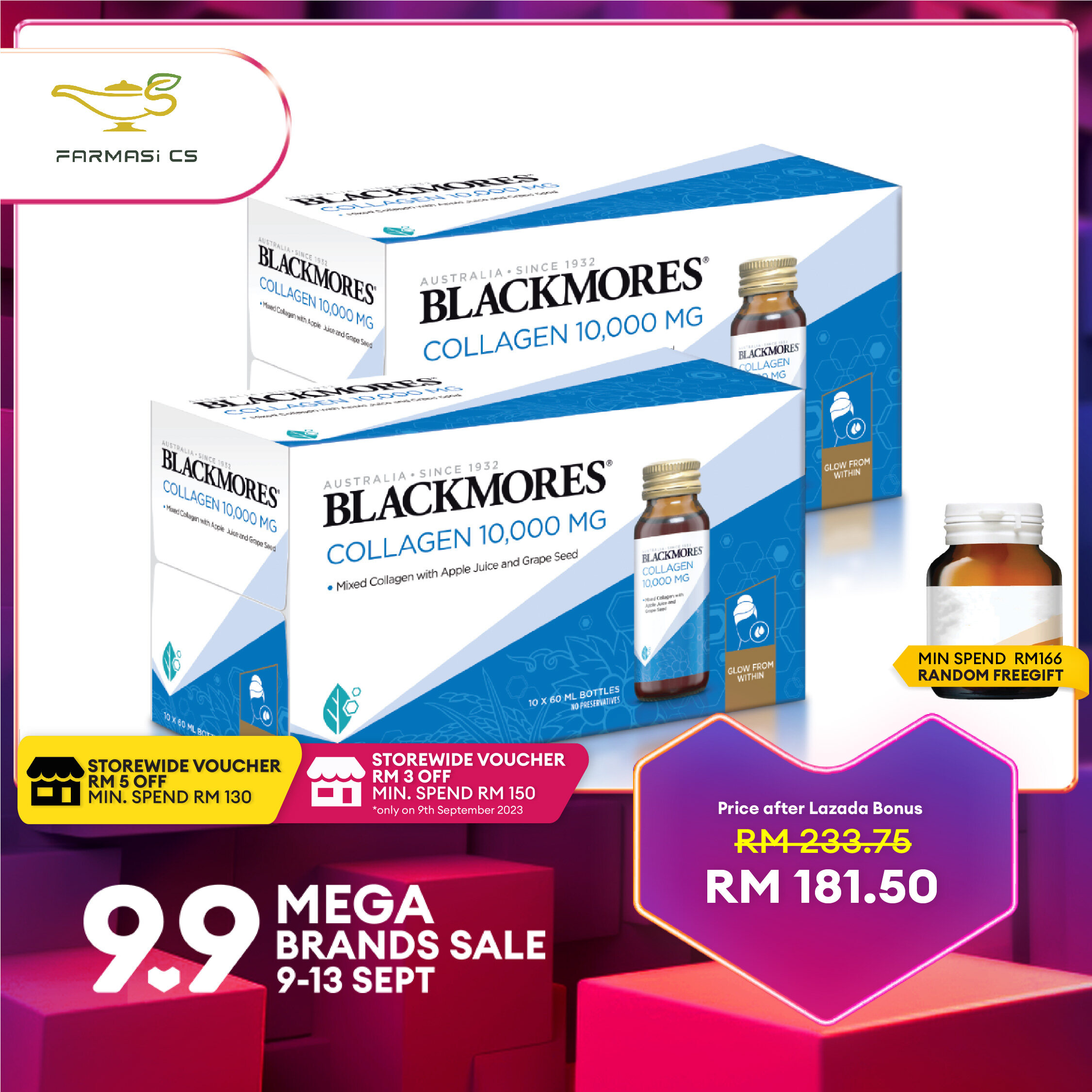 BLACKMORES Collagen 10000mg High Strength 60mL 20+4 bottles (TWIN) EXP:01/2023 [ Builds protects and lightens skin Grape seed Vitamin E ]