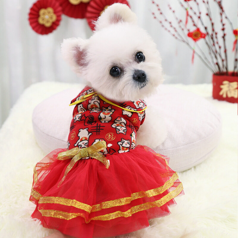 DY LOVING Quần Áo Thú Cưng Phong Cách Trung Quốc Năm Mới Thắt Nơ In Hình Mèo May Mắn Với Gạc Đầm Cho Bông Shihtzu