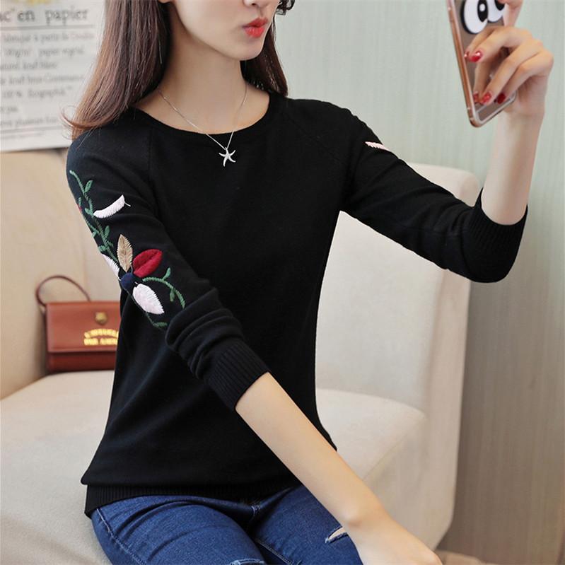 Knitted sweater women  autumn embroidered knit base shirt Joker round neck long sleeve sweater