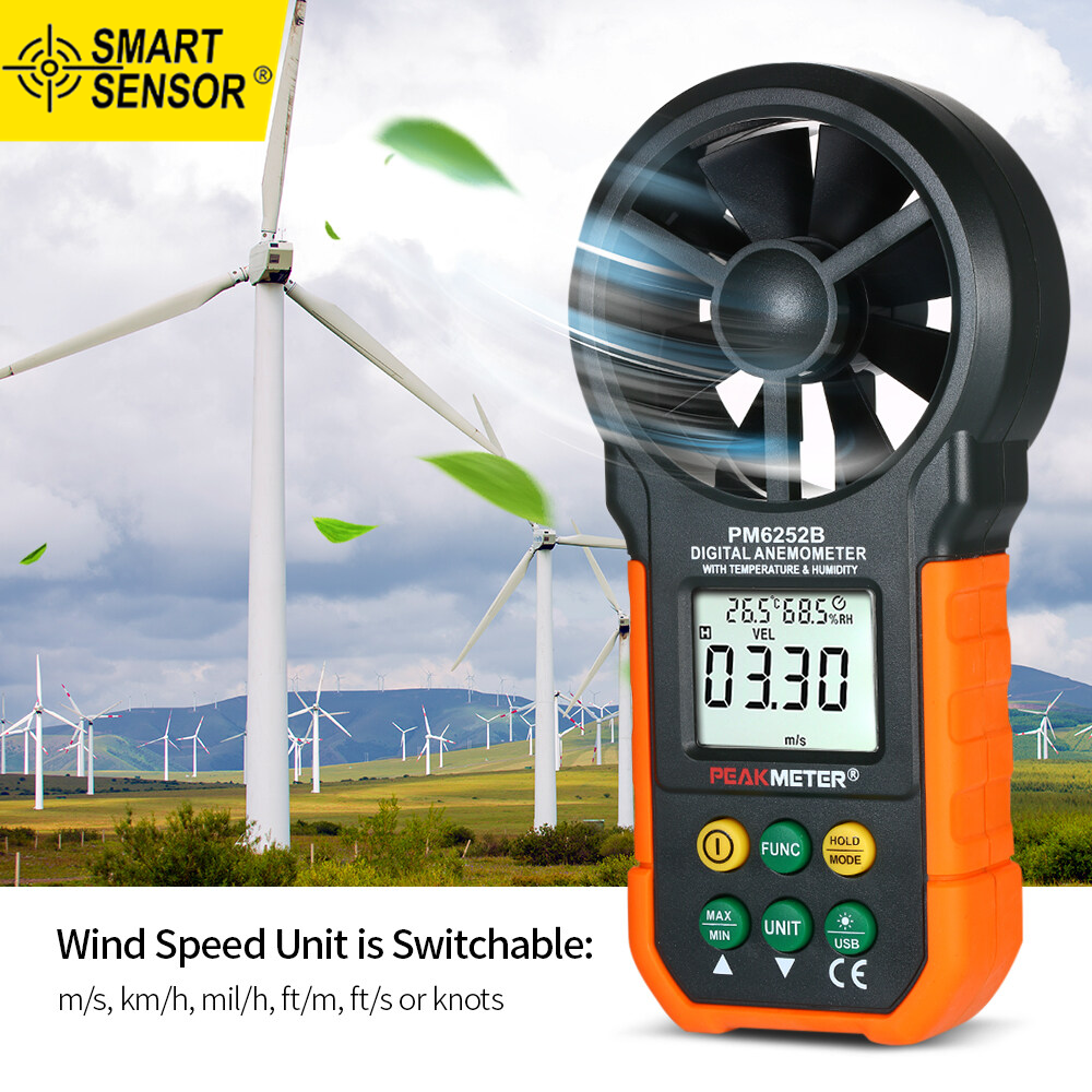 SMART SENSOR Multifunction Digital Anemometer Professional Wind Speed Meter LCD Digital Anemometer Air Volume/Temperature/Humidity for Weather Data Collection Outdoors Sailing Surfing Fishing