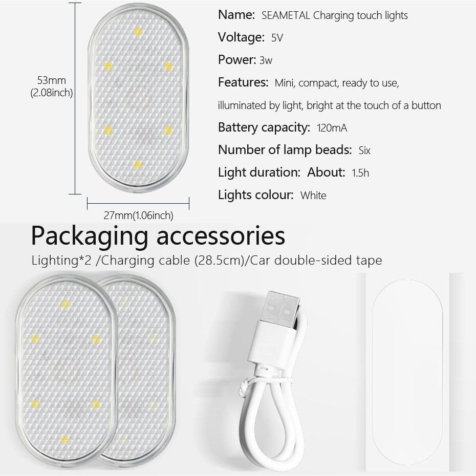 Universal Car LED Touch Light Wireless Reading Light Trunk Light USB Charging High-brightness LED Night Light