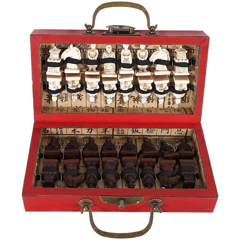 Chinese Wood Leather Box With 32 Pieces Terracotta Figure Chess Set Entertainment Checkers Chess Traditional S