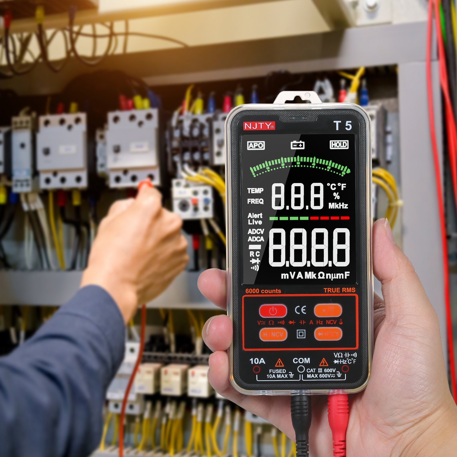 NJTY T5 6000 Counts True RMS Multimeter Digital Universal Tester 3.8-inches Large LCD Display Multi-Tester 600V Voltmeter 10A Ammeter AC/DC Voltage & Current Resistance Capacitance Temperature Diode Buzzer NCV Measurement with Dual Flashlight