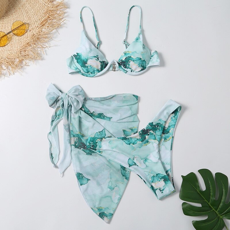 Happybuyner Swimwear for Women Swimsuit Set Print Underwire Bra and Panties and Wrap Skirt Three-Piece Suit for Swimming_voghion.com