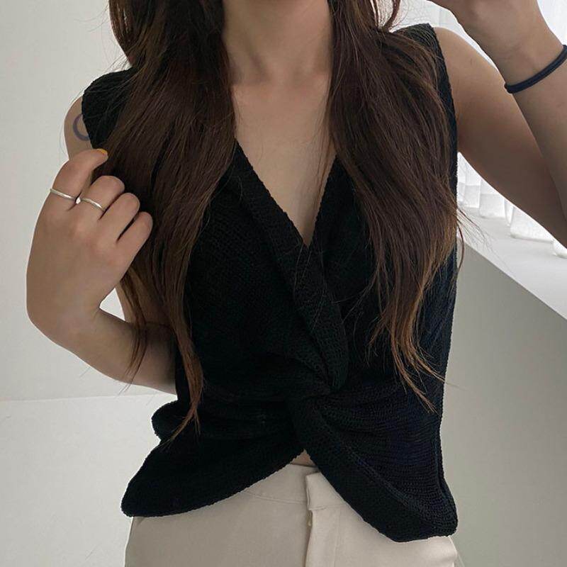 Alisa.Sonya Women's Fancy Design Wrap Deep V Neck Knit Sleeveless Slim Fit Solid Crop Tank Top