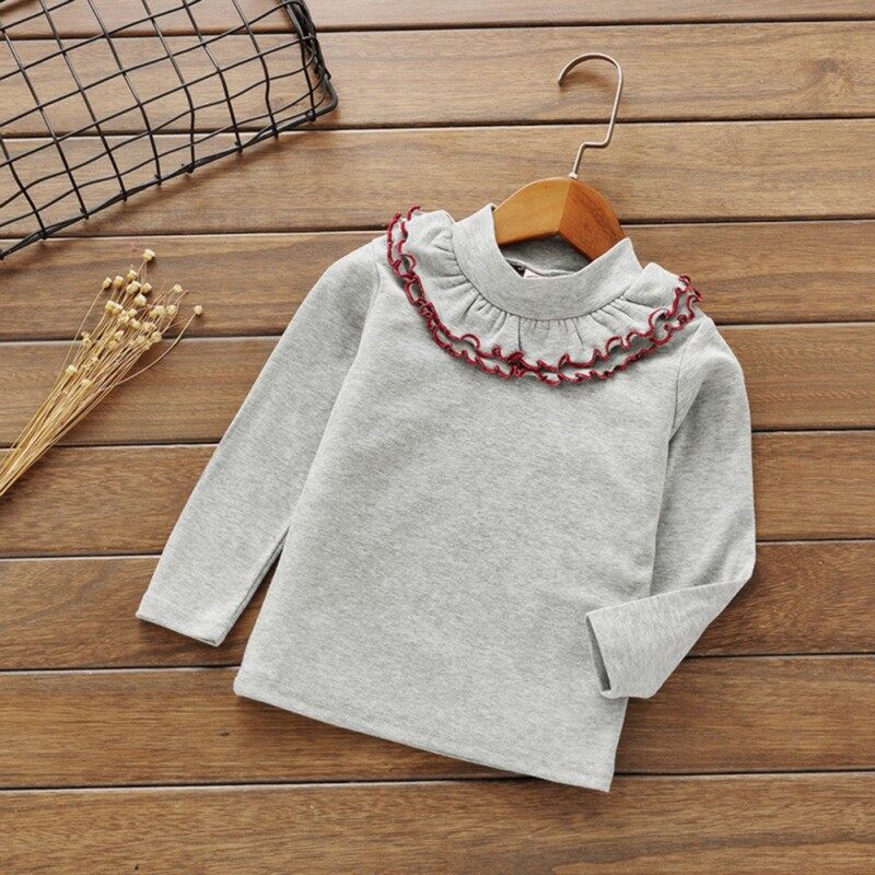 Oyamerbaby Child Girls Long Sleeve Solid Color Soft Casual Ruffle Neck T-Shirt