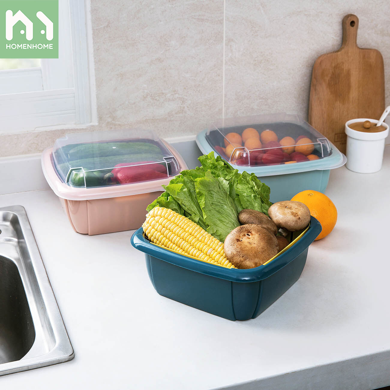 Homenhome Double Dish Washing Basket Drain Basket Kitchen Plastic Washing Fruit Tray with Cover Dustproof Fruit Storage Basket