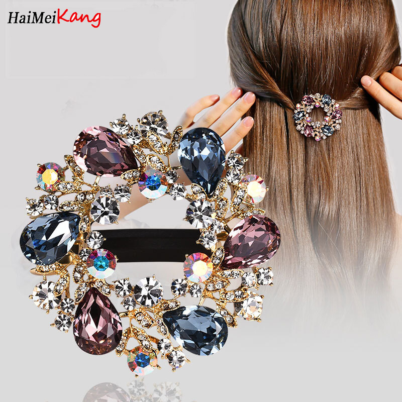Haimeikang Fashion Hairpin Retro Disc Crystal Hair Clip Pins Rhinestone Women Spring Clip Hair Accessories