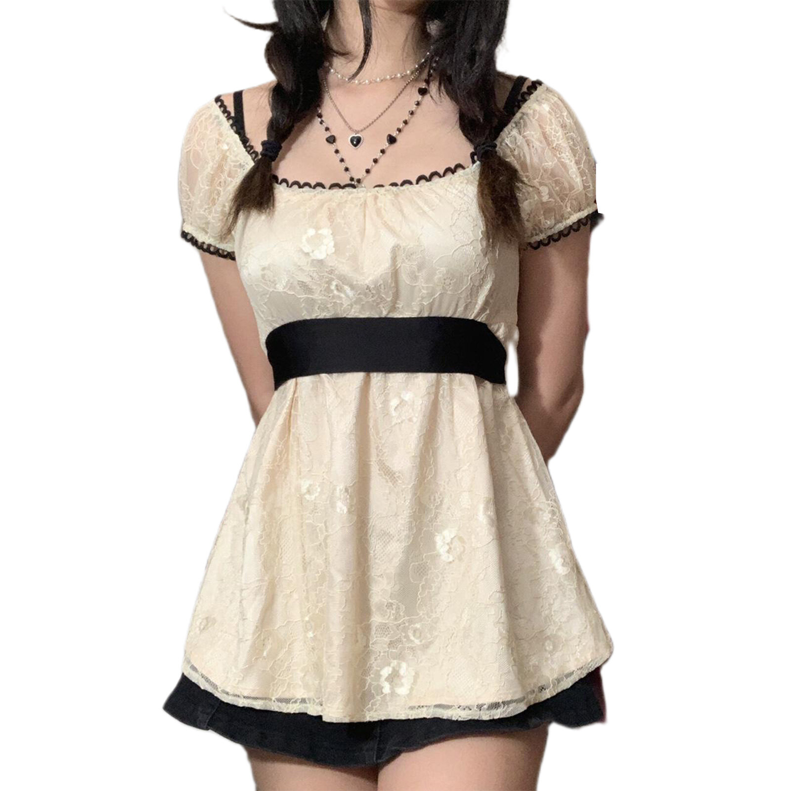 Y2K Fairycore Grunge Patchwork Short Sleeve A-line Dress Women Vintage Sweet Girl Kawaii Lace Mini Dress Holiday Streetwear