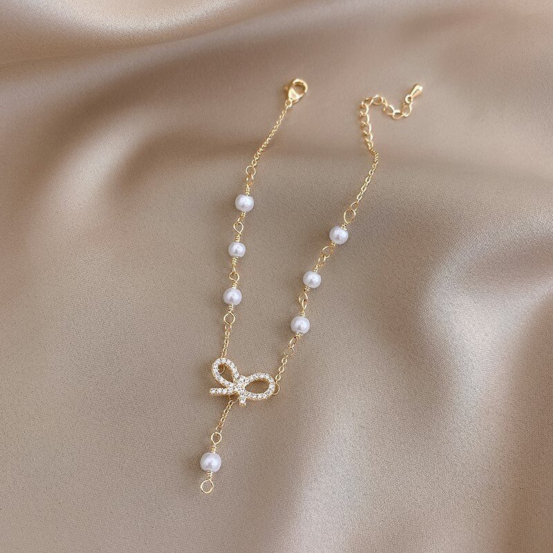 Vòng Tay Mặt Ngọc Trai Thắt Nơ Phong Cách Instagram Hàn Quốc Vòng Tay Kim Cương Giả Lấp Lánh Thanh Lịch Cho Phụ Nữ Quà Tặng Phụ Kiện Trang Sức